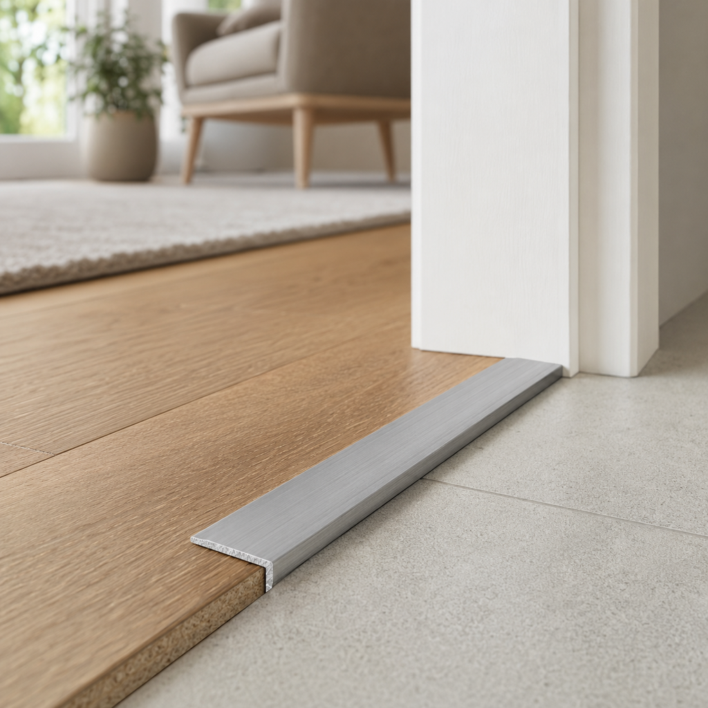 Aluminium L trim finishing a timber floor edge beside tile