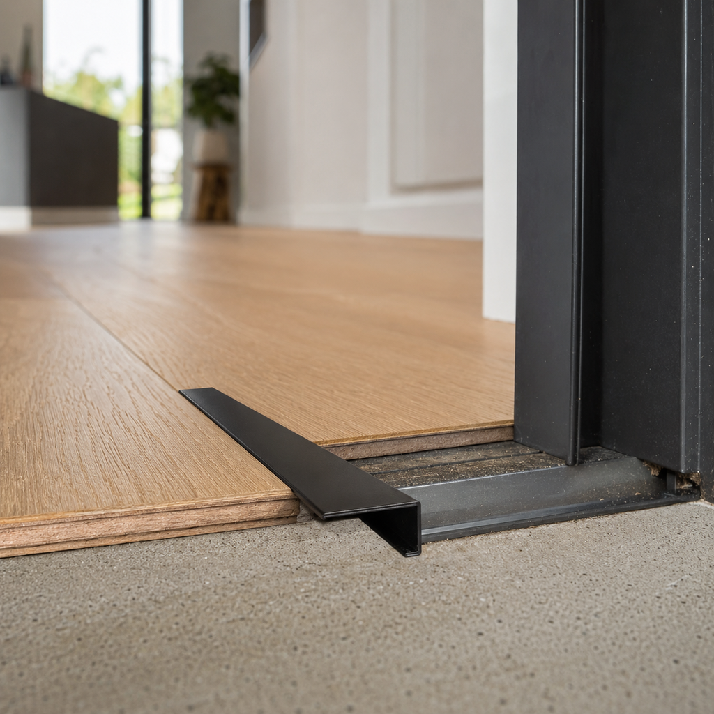 Black aluminium channel trim finishing a hybrid flooring edge