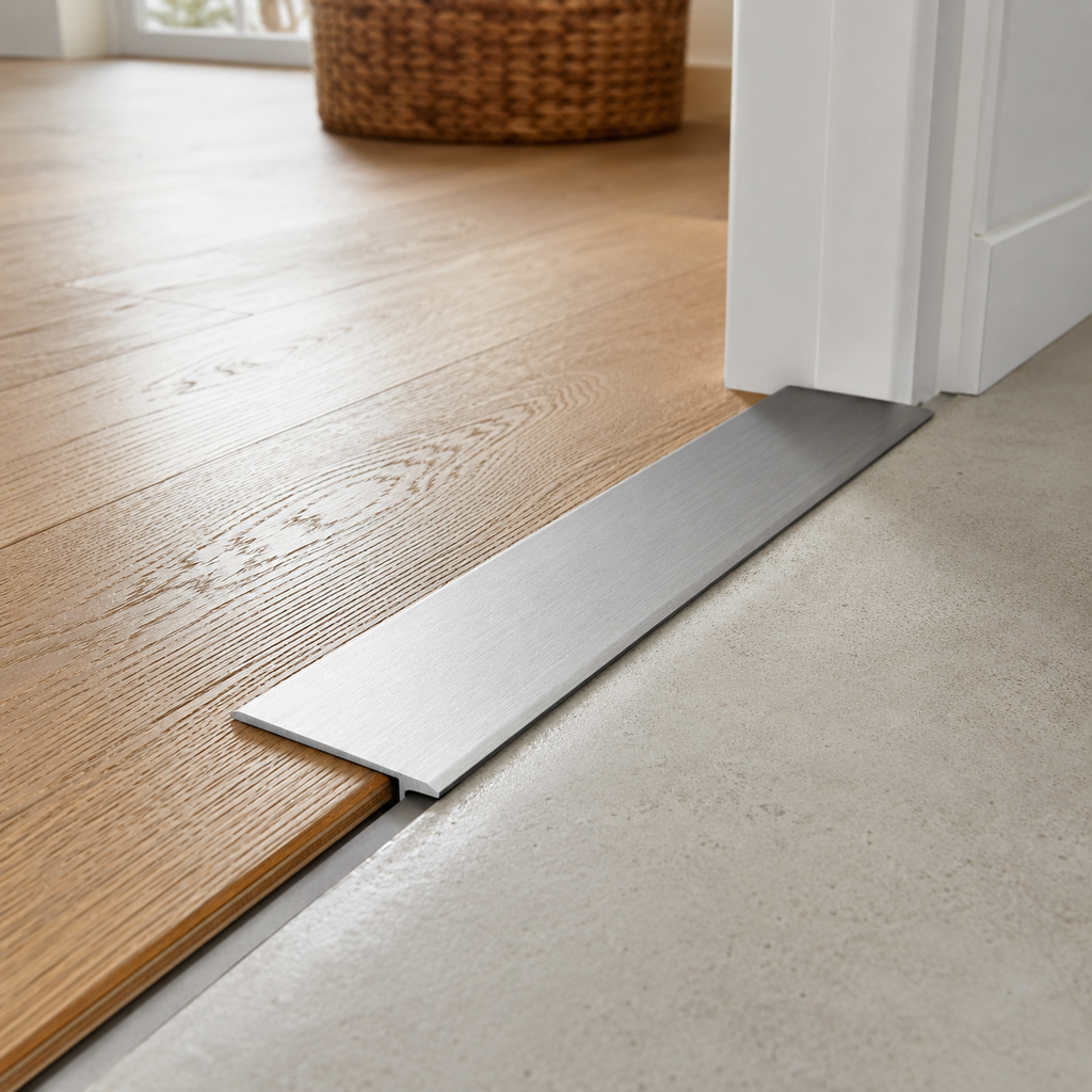 Aluminium flat cover trim installed across a flooring transition