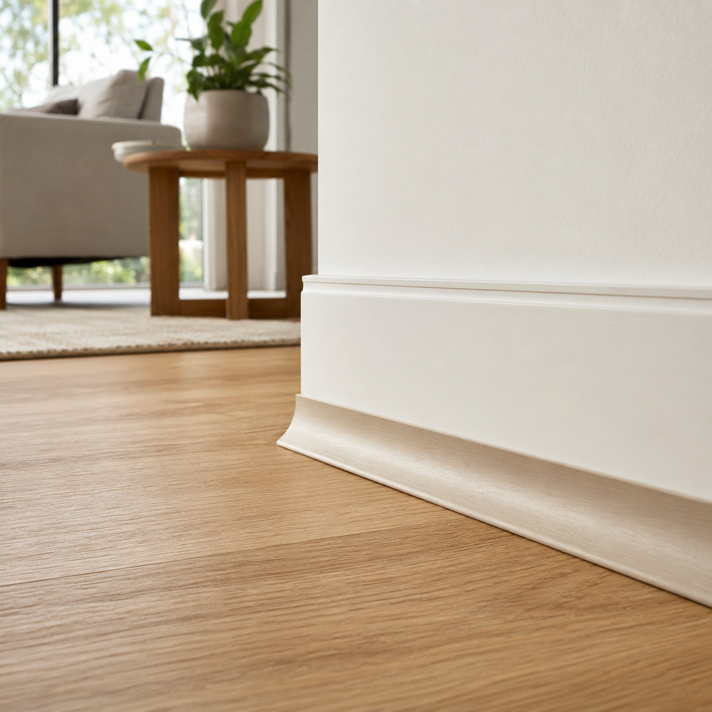 Colour-matched flooring scotia installed against white skirting on an oak floor
