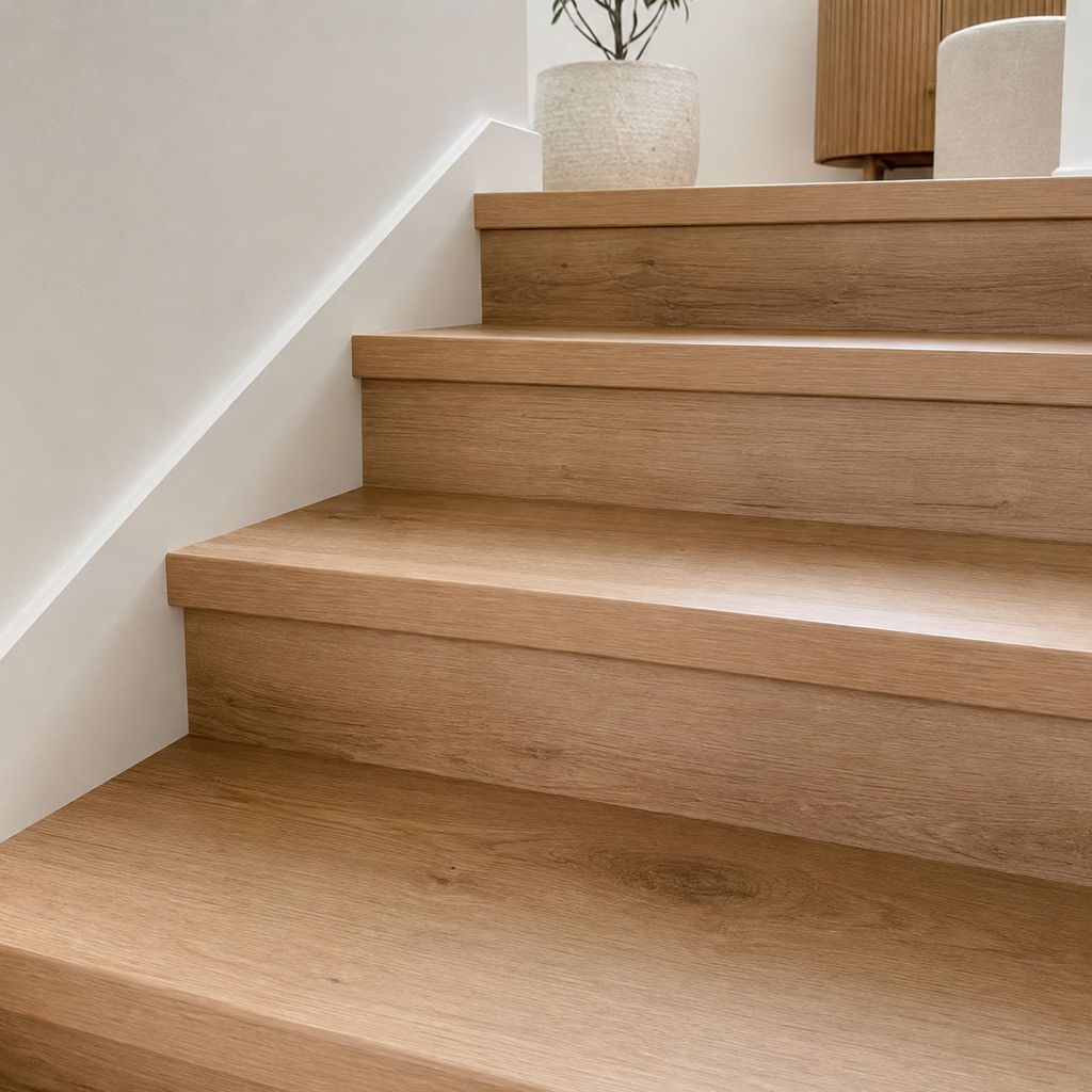 Colour-matched hybrid stair nosing installed on modern timber-look stairs