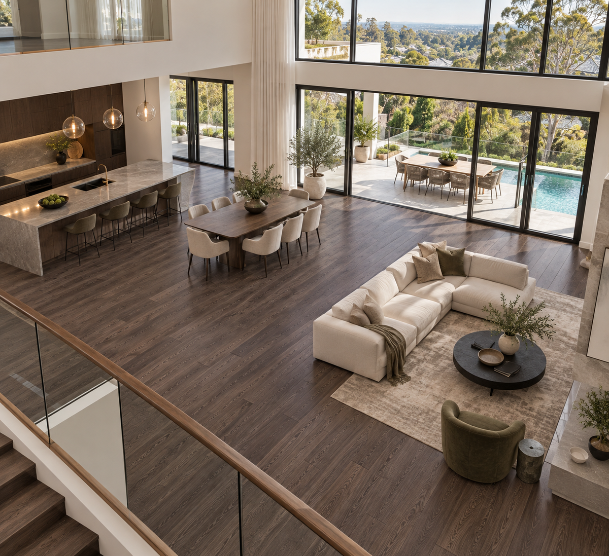 Dark Oak 7mm hybrid flooring throughout a double-height open-plan home, illustrative lifestyle image