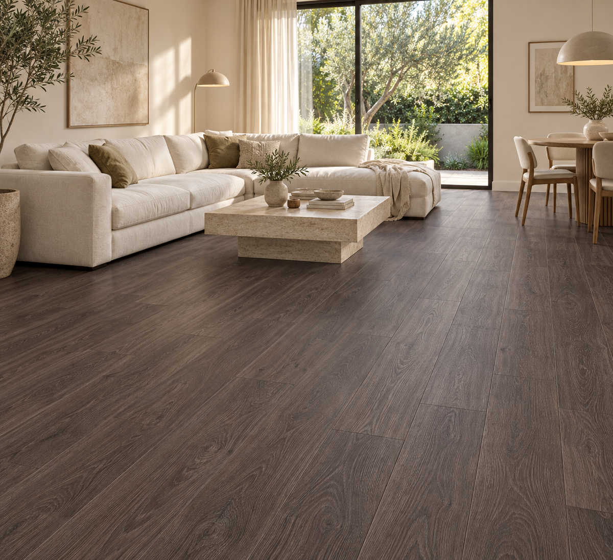 Dark Oak 7mm hybrid flooring across a contemporary living and dining room, illustrative lifestyle image