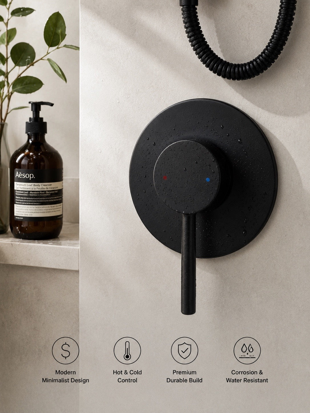 Nextyl matte black round shower mixer feature highlights
