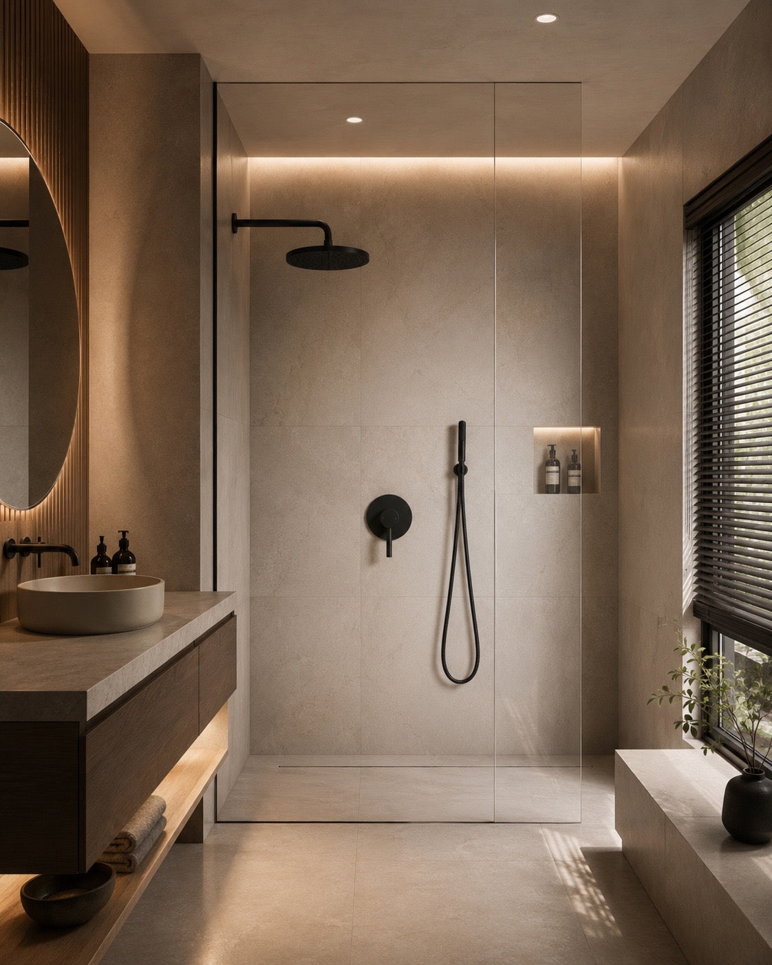 Nextyl matte black round shower mixer in modern luxury bathroom