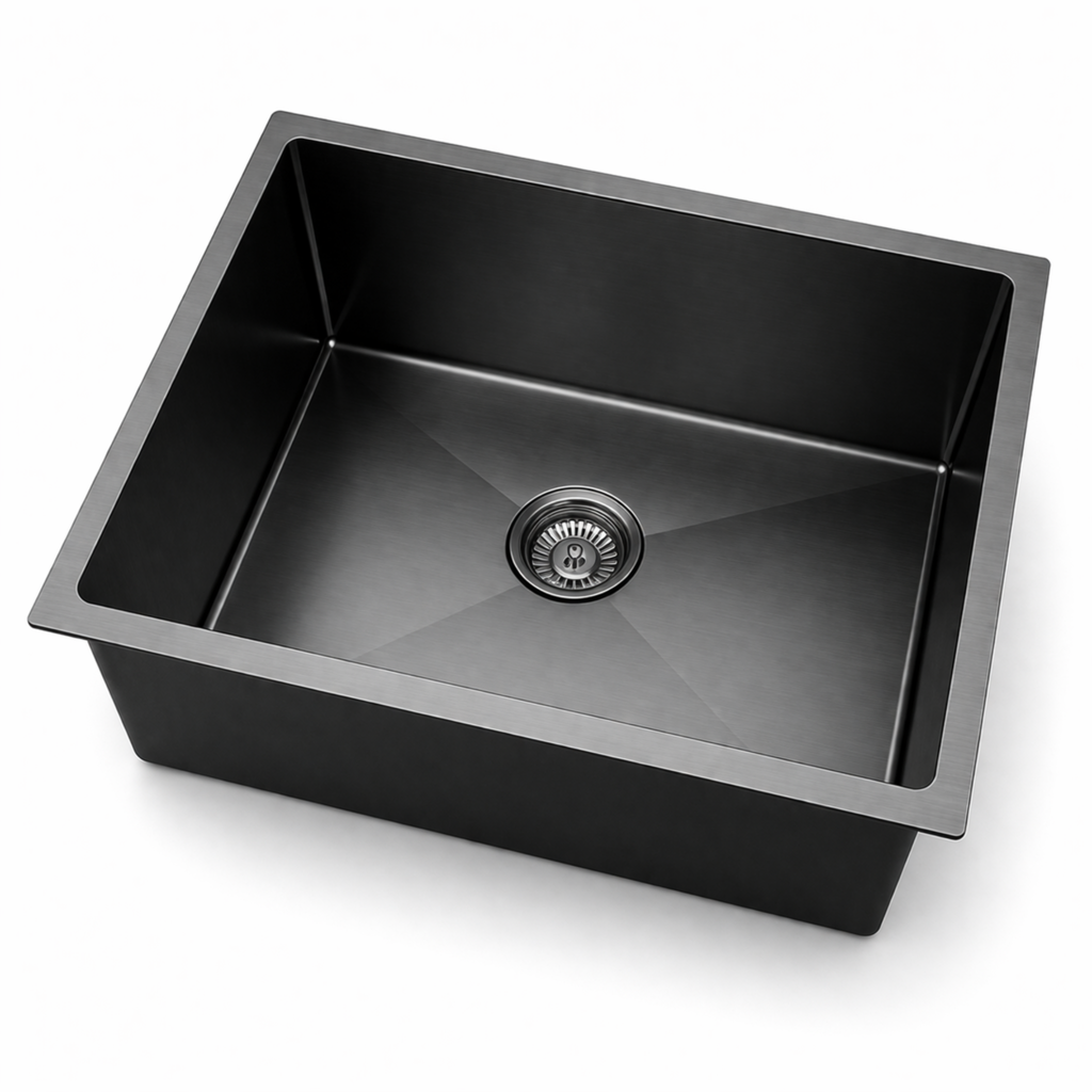Black kitchen sink on a white background