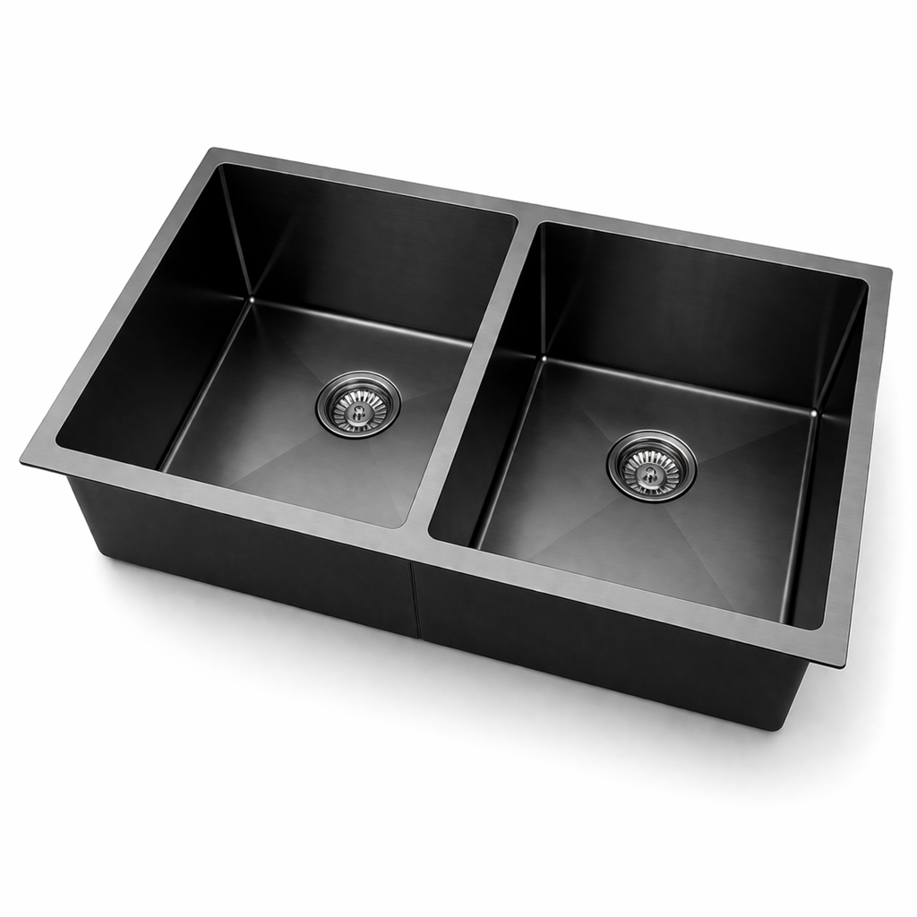 Black double-basin kitchen sink on a white background