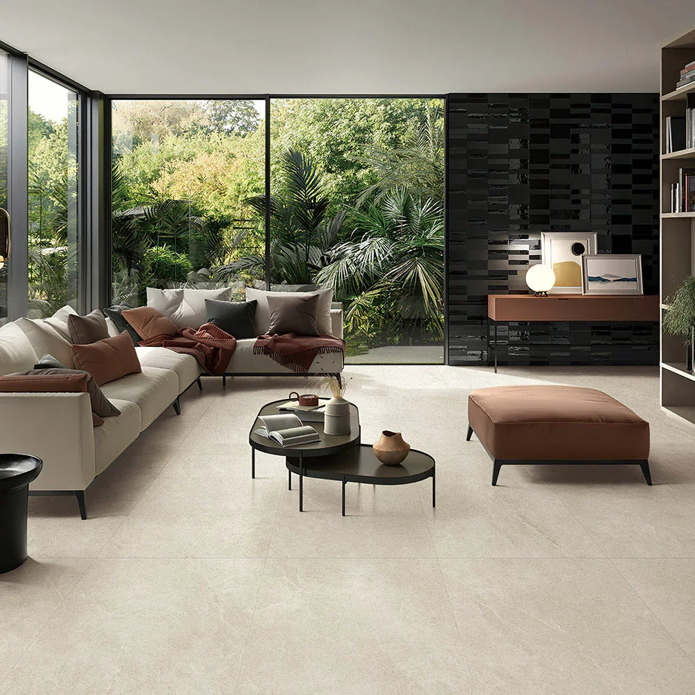 Nordic travertine-look porcelain tile lifestyle setting