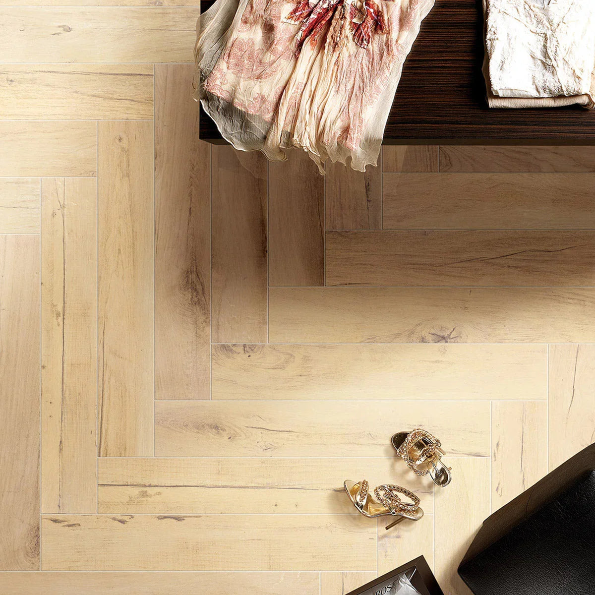 Oak timber look porcelain tile room application