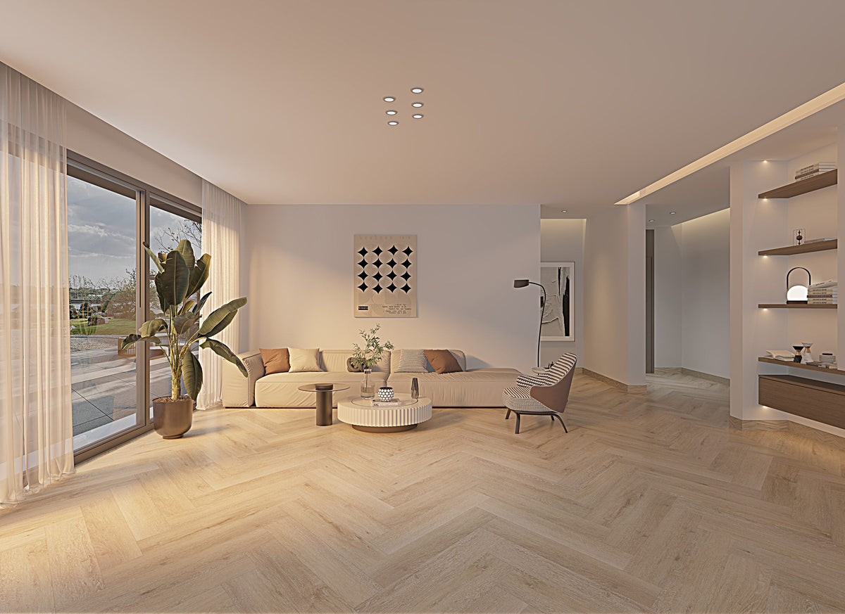 Obsidian Night Wind hybrid herringbone flooring shown in a contemporary living room