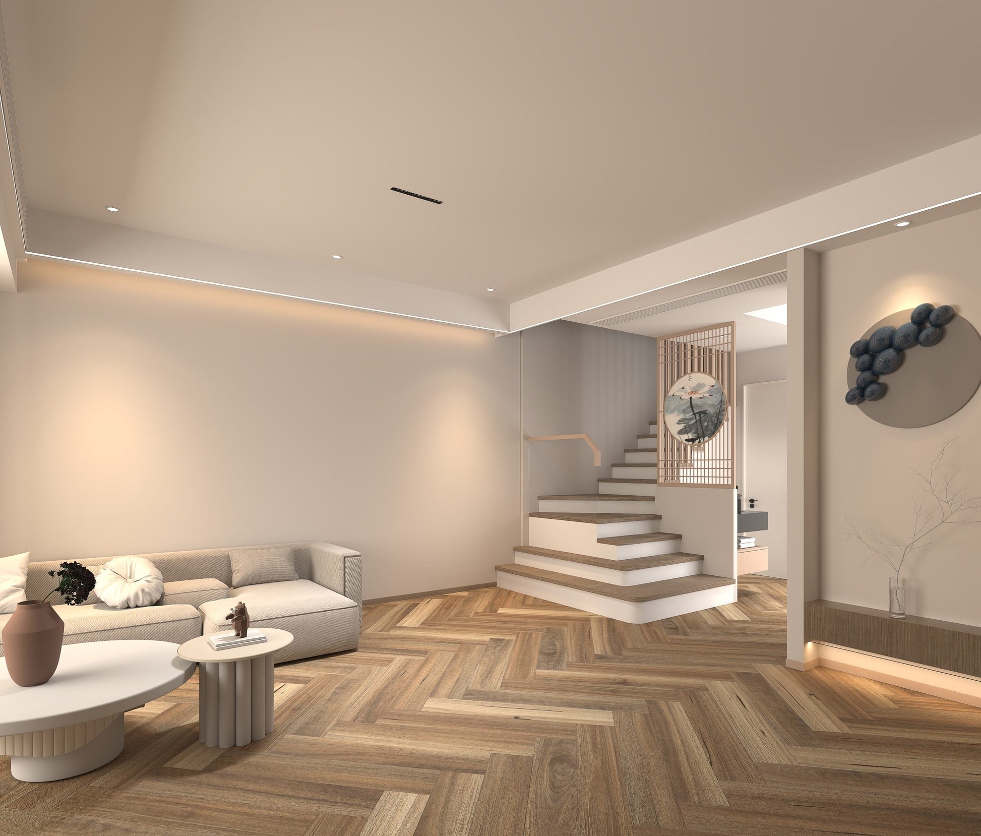 Obsidian Spotted Gum hybrid herringbone flooring shown in a contemporary living room