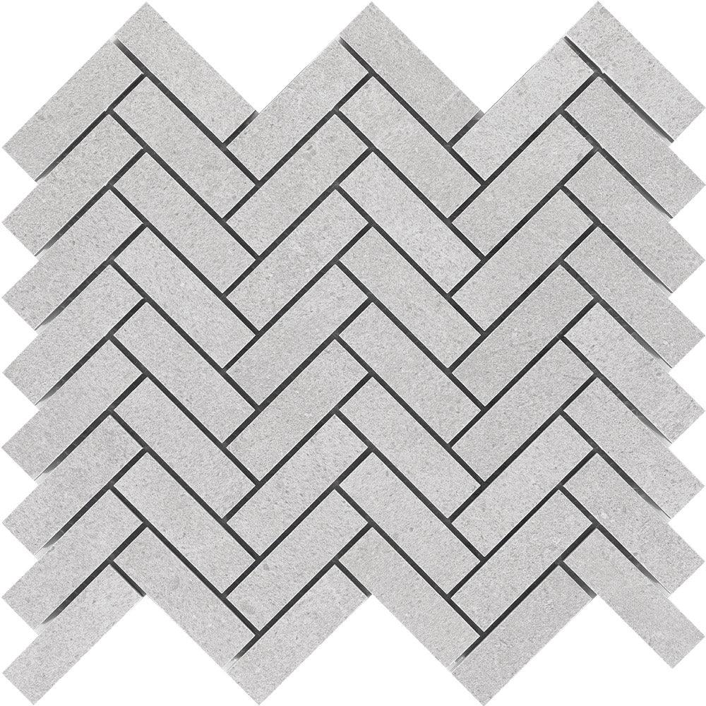 Paradigm Light Grey herringbone mosaic detail