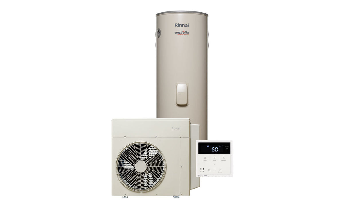 Enviroflo S 5.0kW Split Electric Heat Pump (tank + unit + controller) — range image; tank dimensions vary by capacity