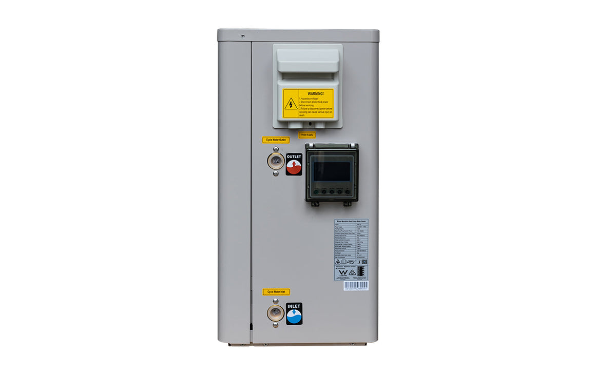 Enviroflo S 7.0kW Split Electric Heat Pump (side) — range image; tank dimensions vary by capacity