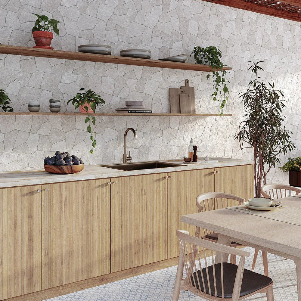 ROK structured stone-look porcelain tile lifestyle setting