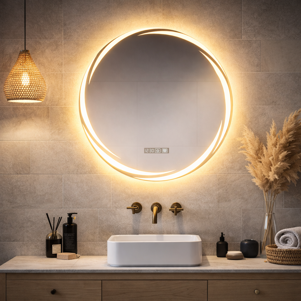 Bathroom with a round illuminated mirror, sink, and decorative elements.