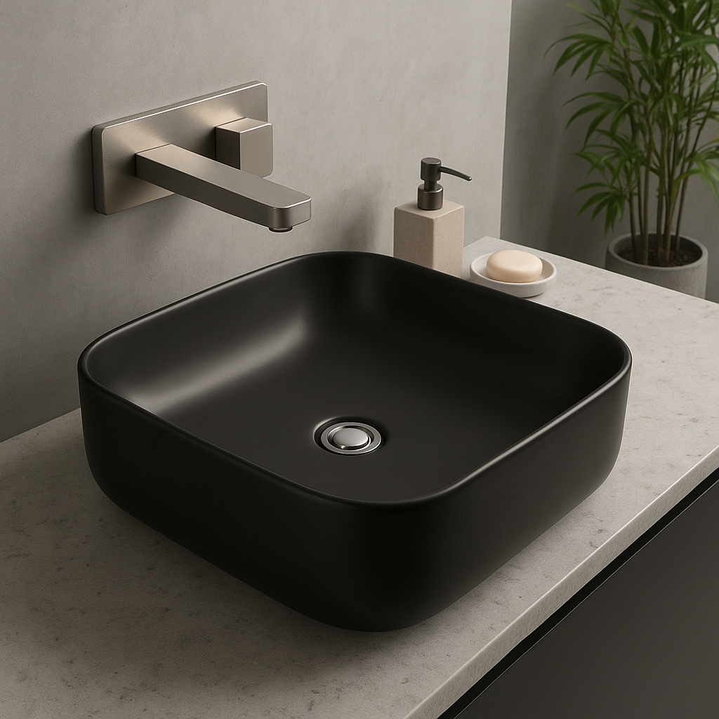 Black rectangular sink with silver faucet on a gray countertop