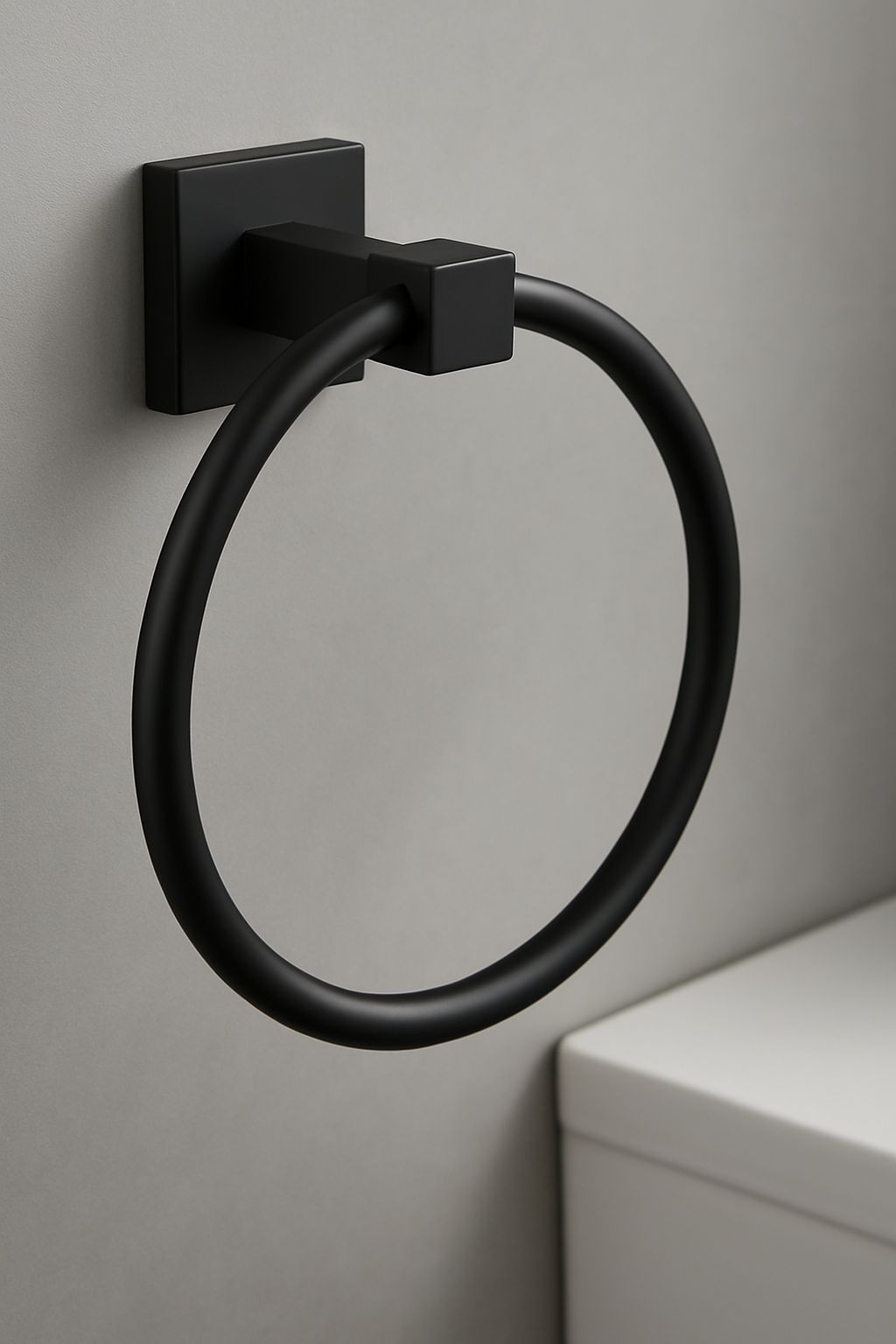 Black towel ring mounted on a gray wall