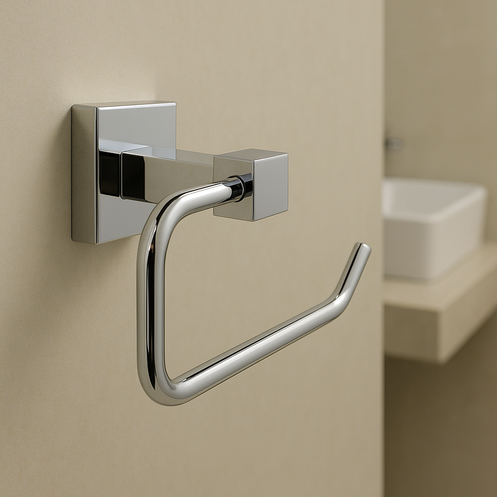 toilet paper hook mounted on a beige wall with a blurred bathroom background