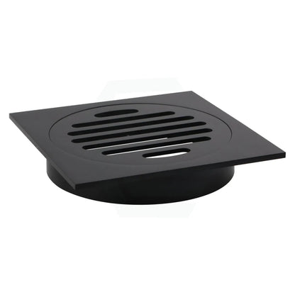 Black square floor drain cover on a white background