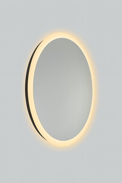 Elegant wall-mounted mirror with a glowing frame on a gray background