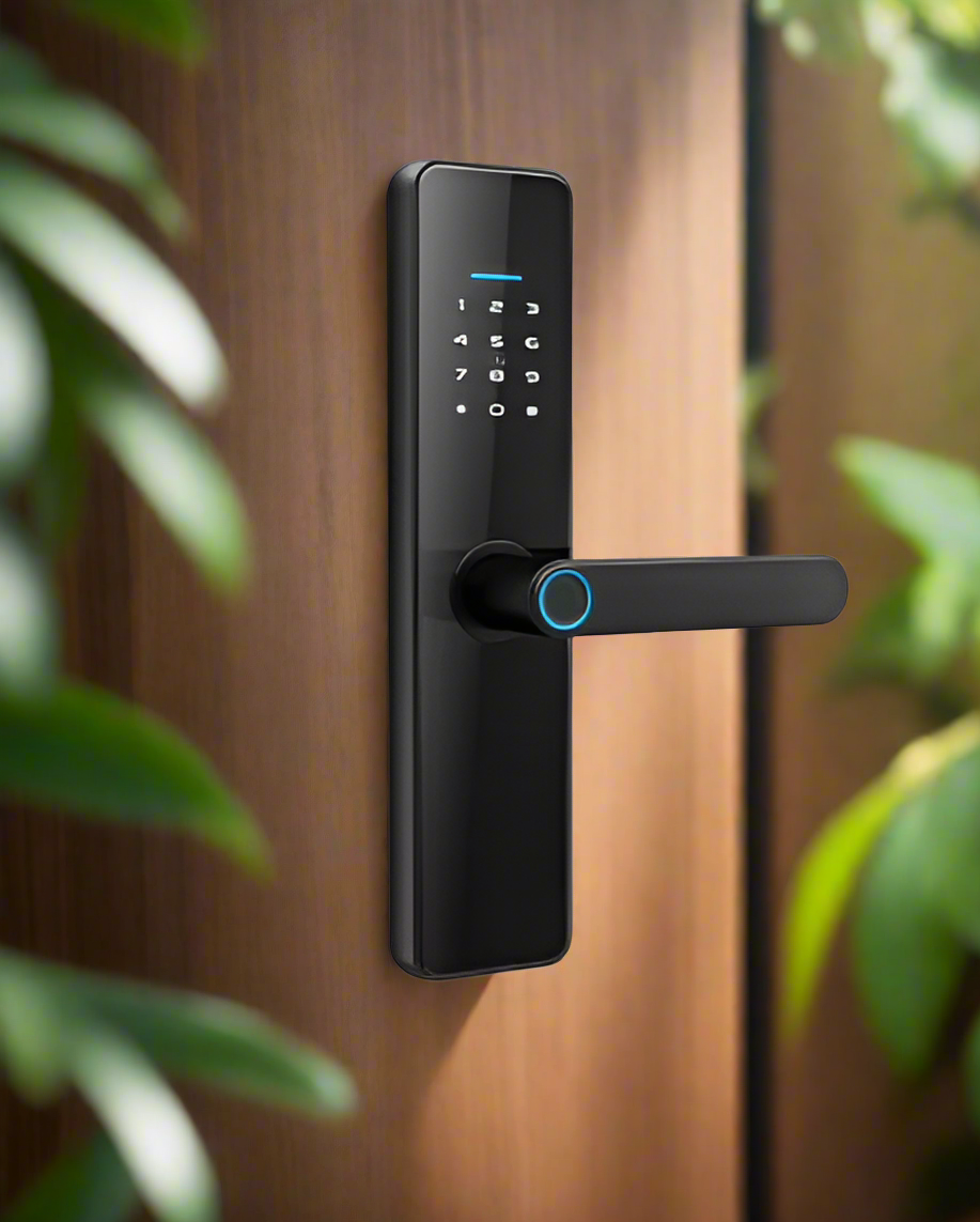 A smart digital lock entry system featuring a black lever on a door, with a keypad and fingerprint reader.