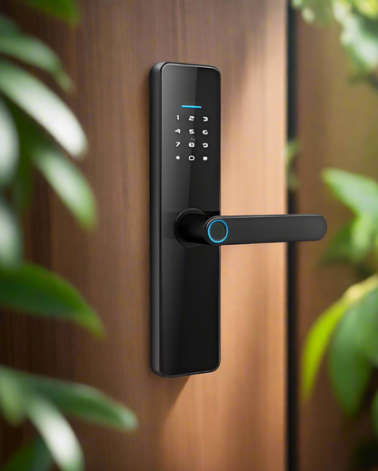 A smart digital lock entry system featuring a black lever on a door, with a keypad and fingerprint reader.