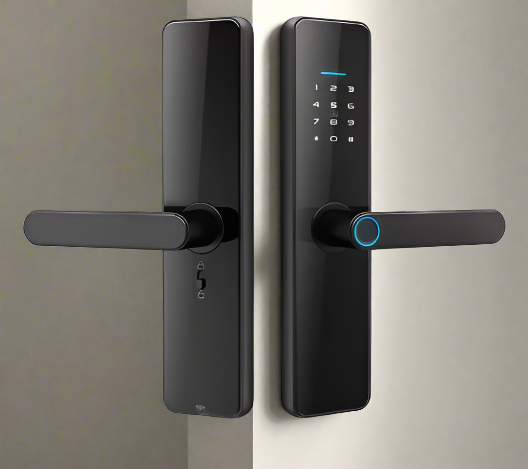 A smart digital main door entry lock in black color, featuring a touch keypad and fingerprint scanner.