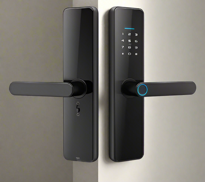 A smart digital main door entry lock in black color, featuring a touch keypad and fingerprint scanner.