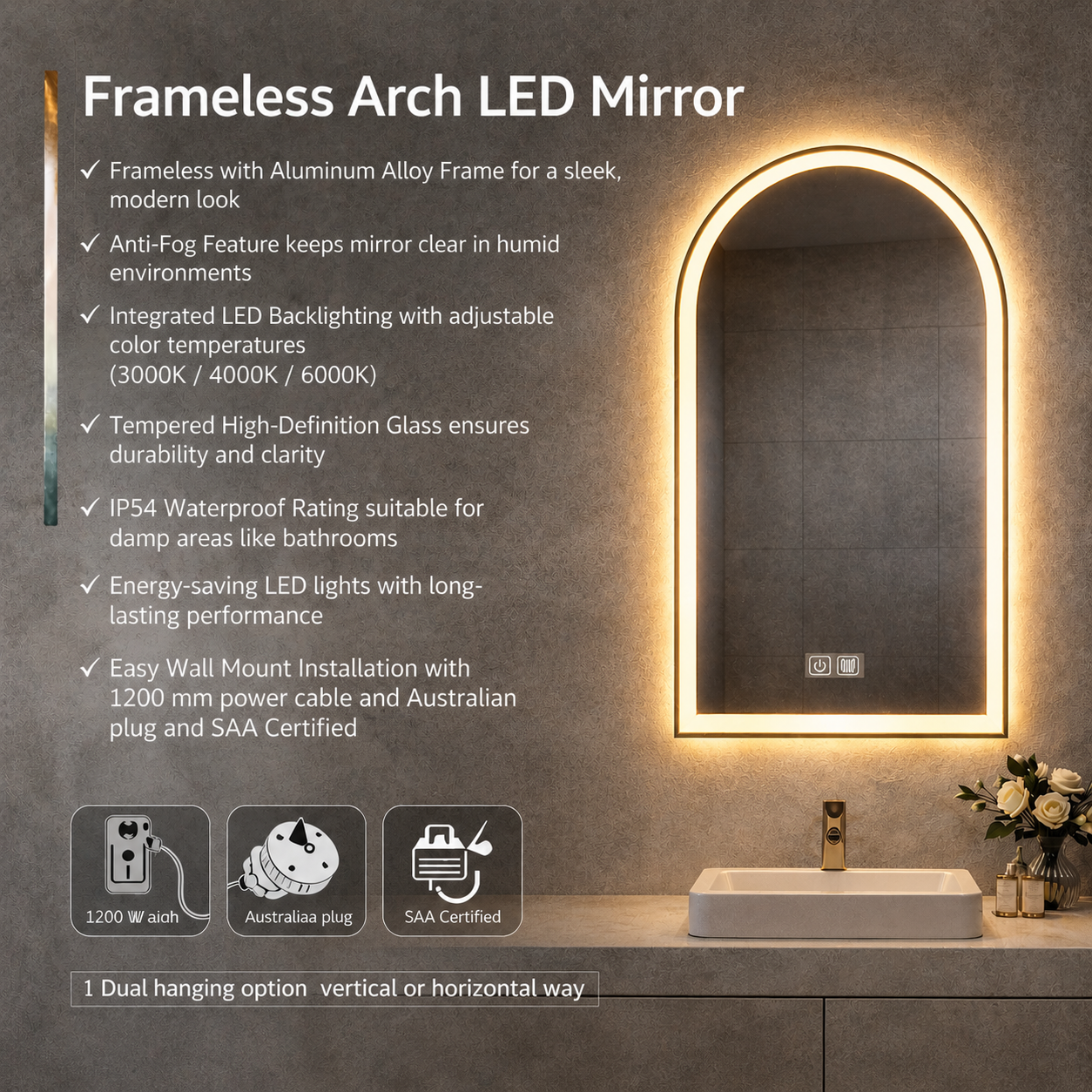 Frameless arch LED mirror with specifications on a bathroom wall.