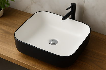 Black and white rectangular sink on a wooden countertop with a black faucet.