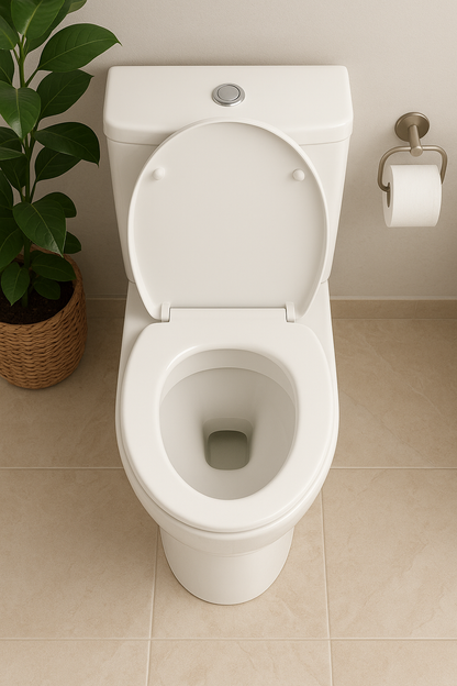 White toilet in a bathroom with a plant and toilet paper roll on a beige wall.