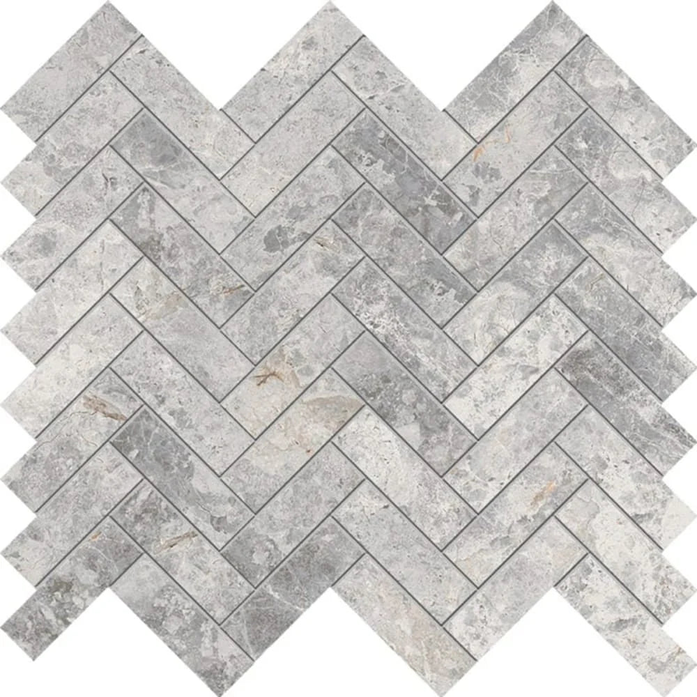 Tundra Grey Herringbone mosaic close-up