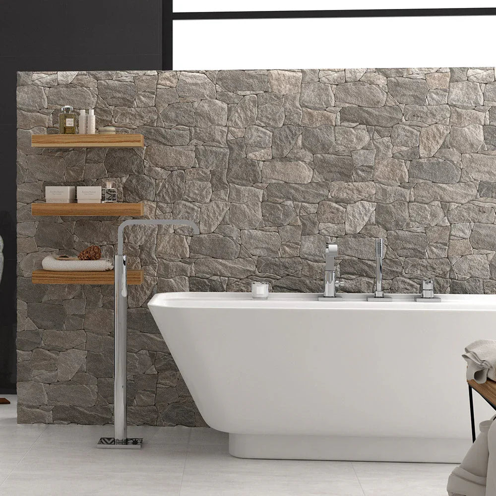 Vulcano dry stone look porcelain wall tile installed setting