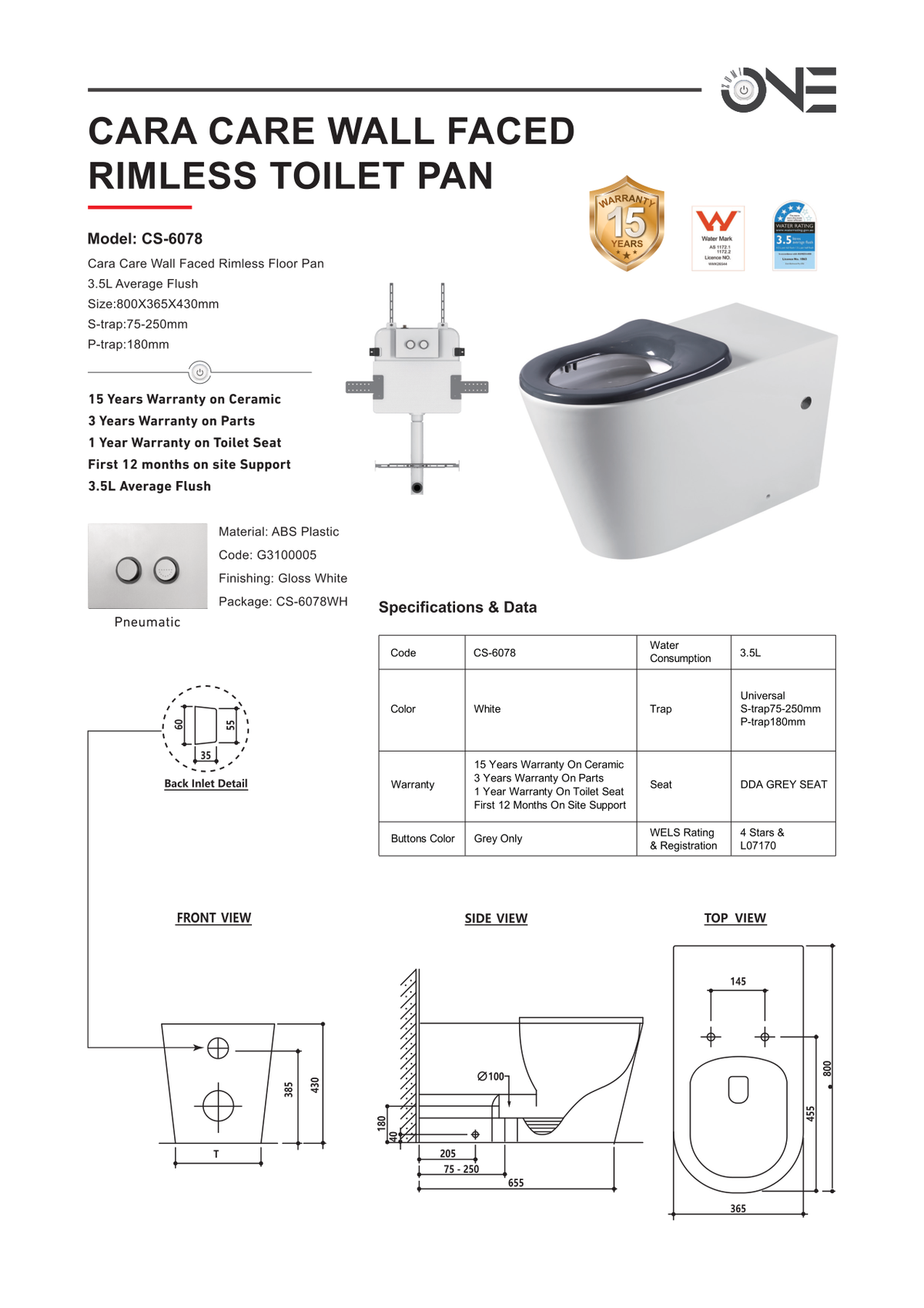 Zumi Cara Care Wall-Faced Toilet Pan and Seat Only Dimensions