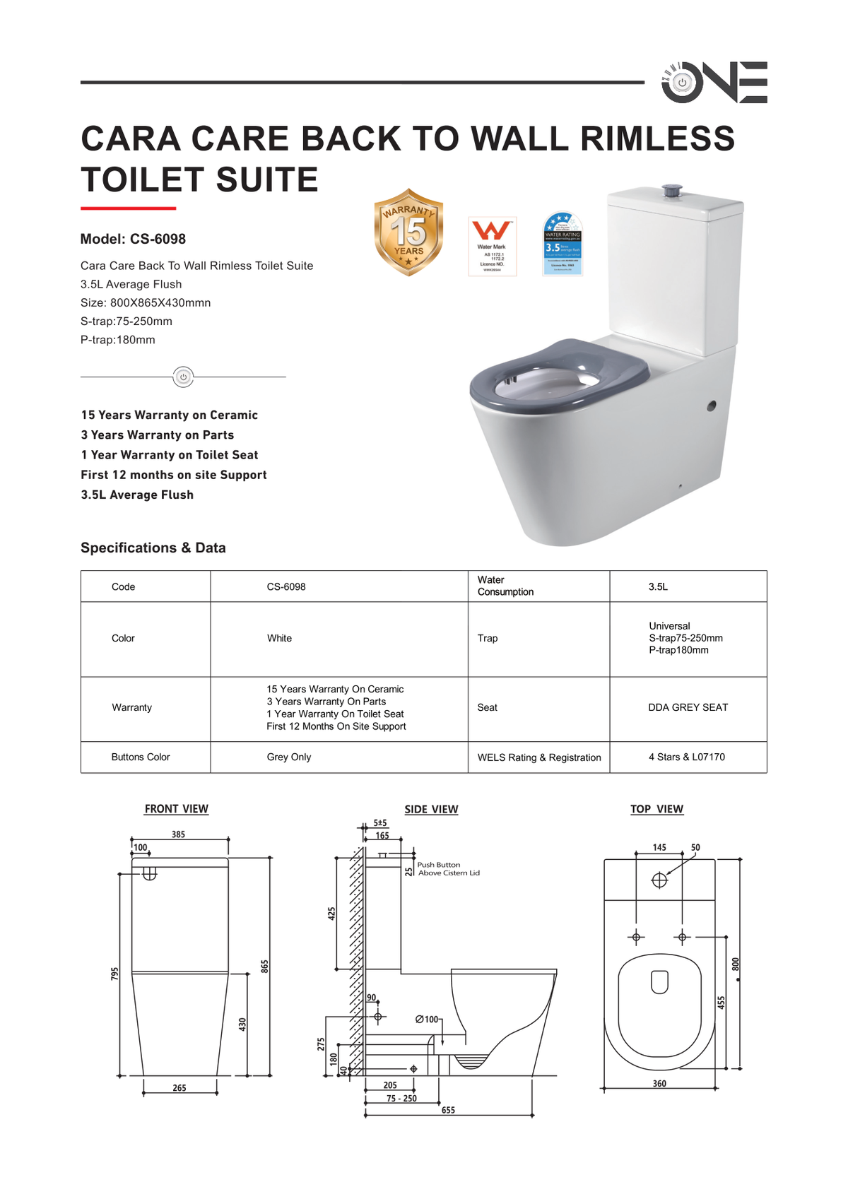 Zumi Cara Care Back-to-Wall Toilet Suite Dimensions