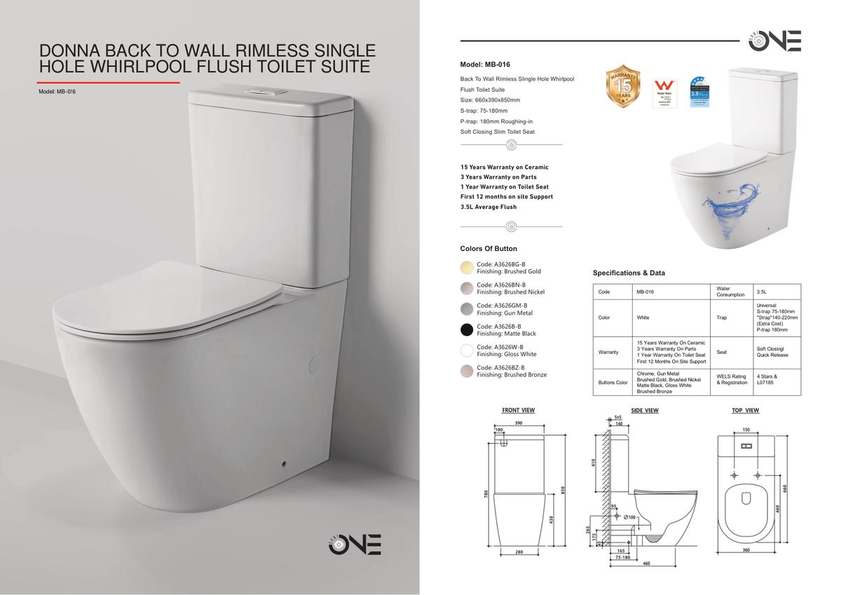 Zumi Donna Rimless Back-to-Wall Toilet Suite Dimensions