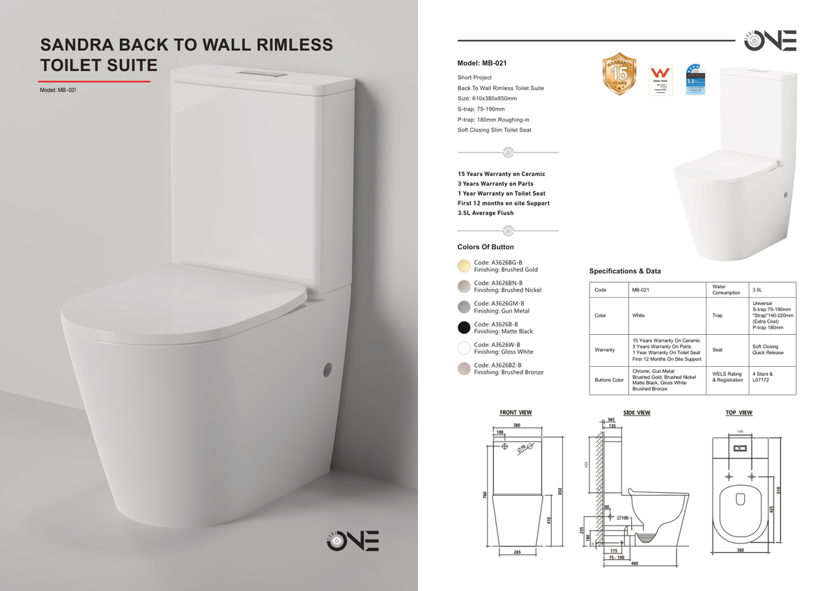 Zumi Sandra Rimless Back-to-Wall Toilet Suite Dimensions