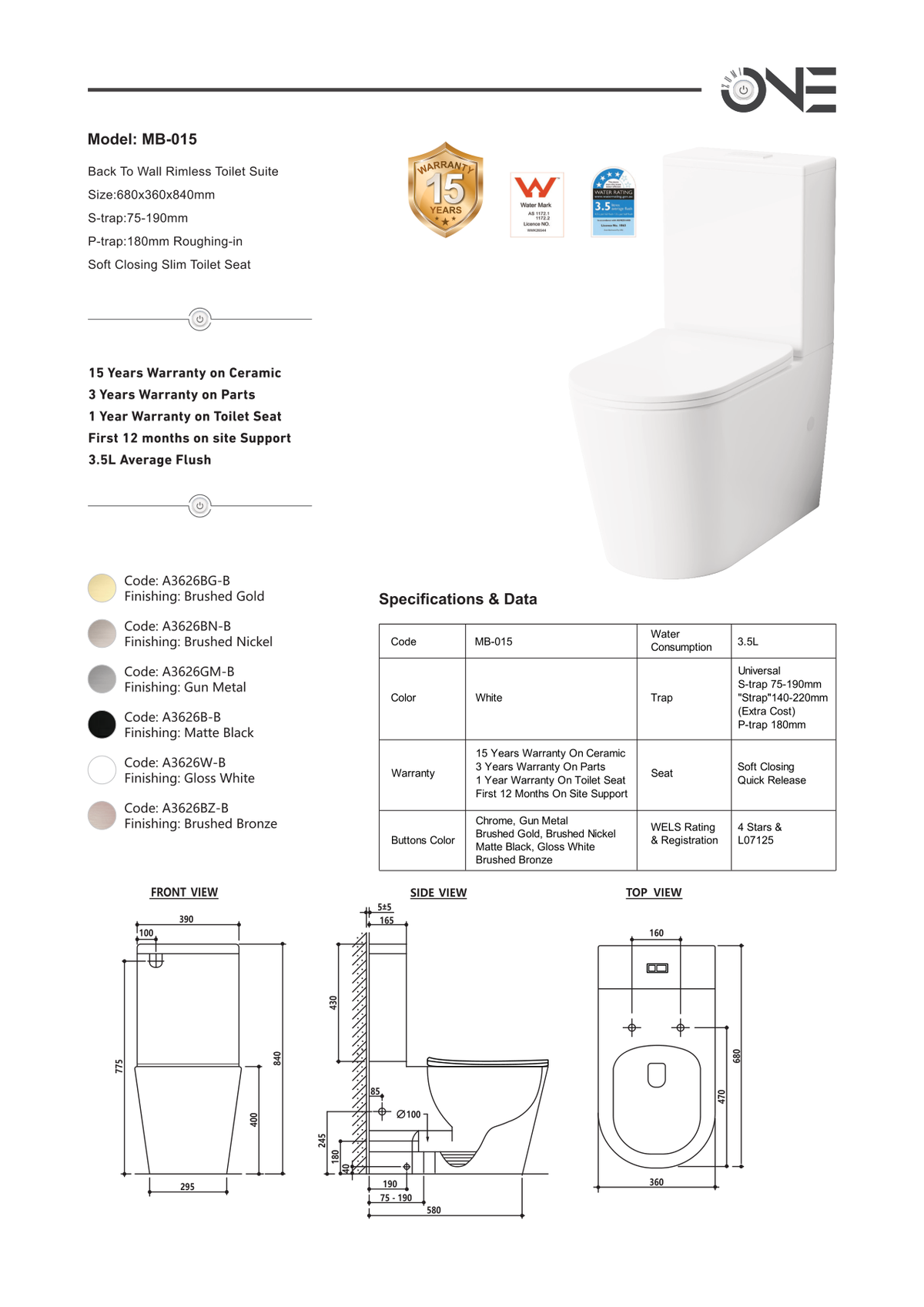 Zumi Mezio Rimless Back-to-Wall Toilet Suite Dimensions