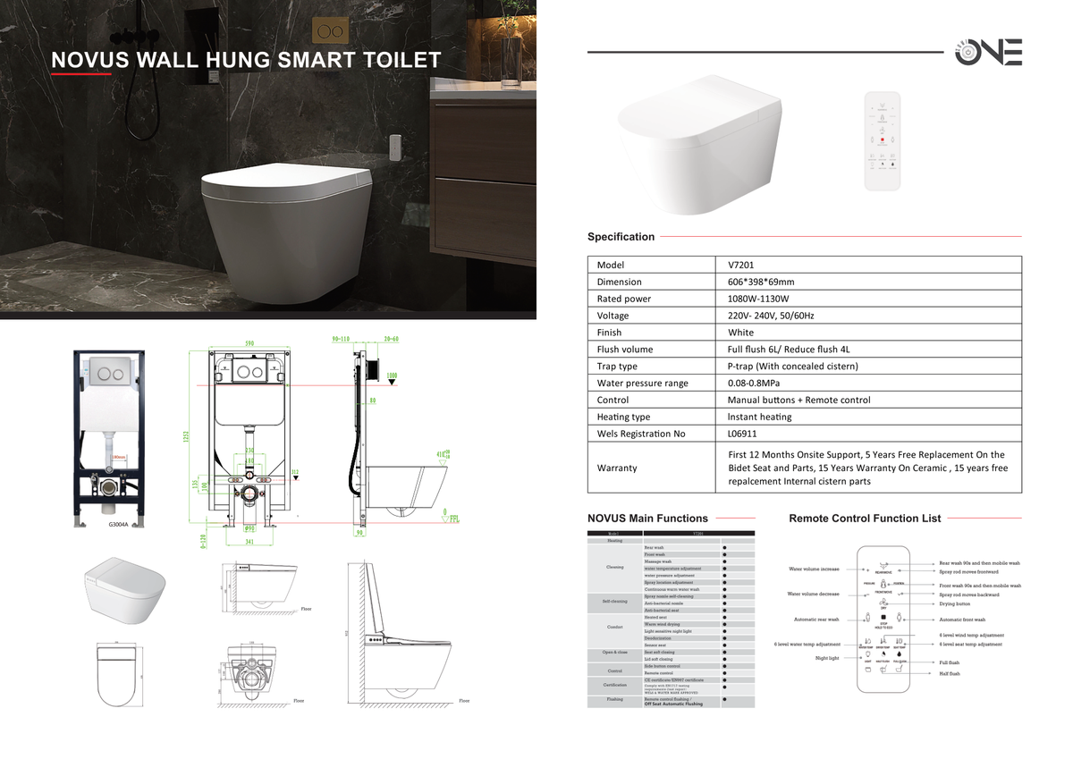 Zumi Novus Wall-Hung Smart Toilet Suite Dimensions