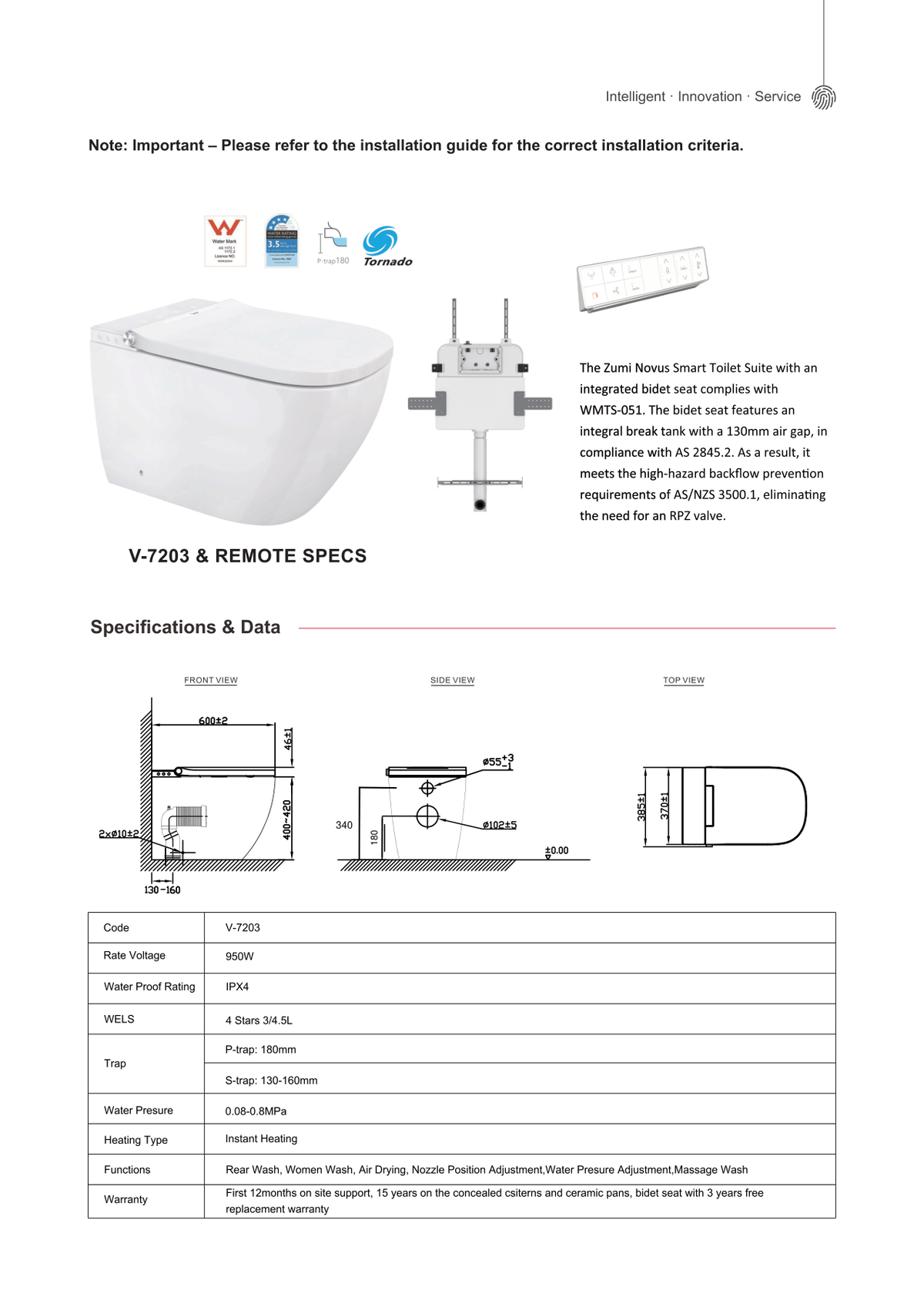 Zumi Novus Soft Square Smart Toilet Pan and Bidet Only Dimensions