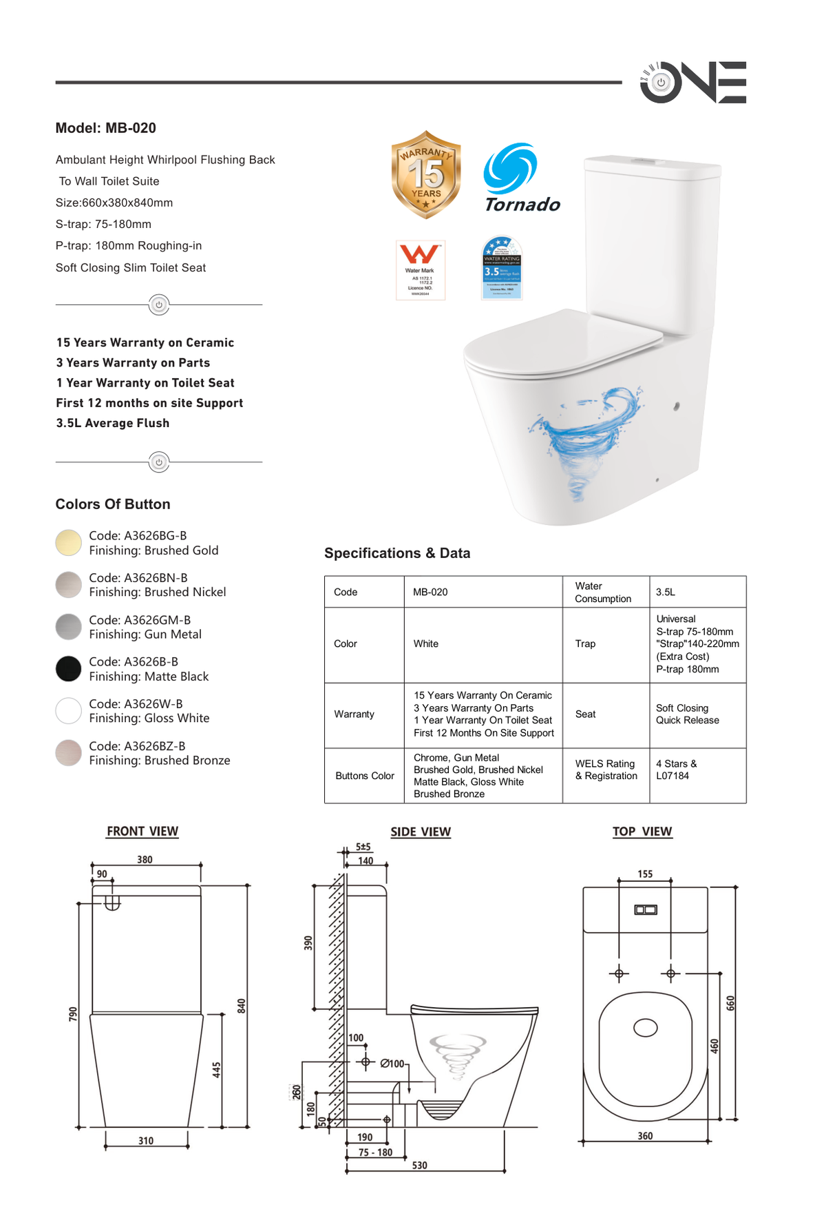 Zumi Vera Plus Rimless Back-to-Wall Toilet Suite Dimensions