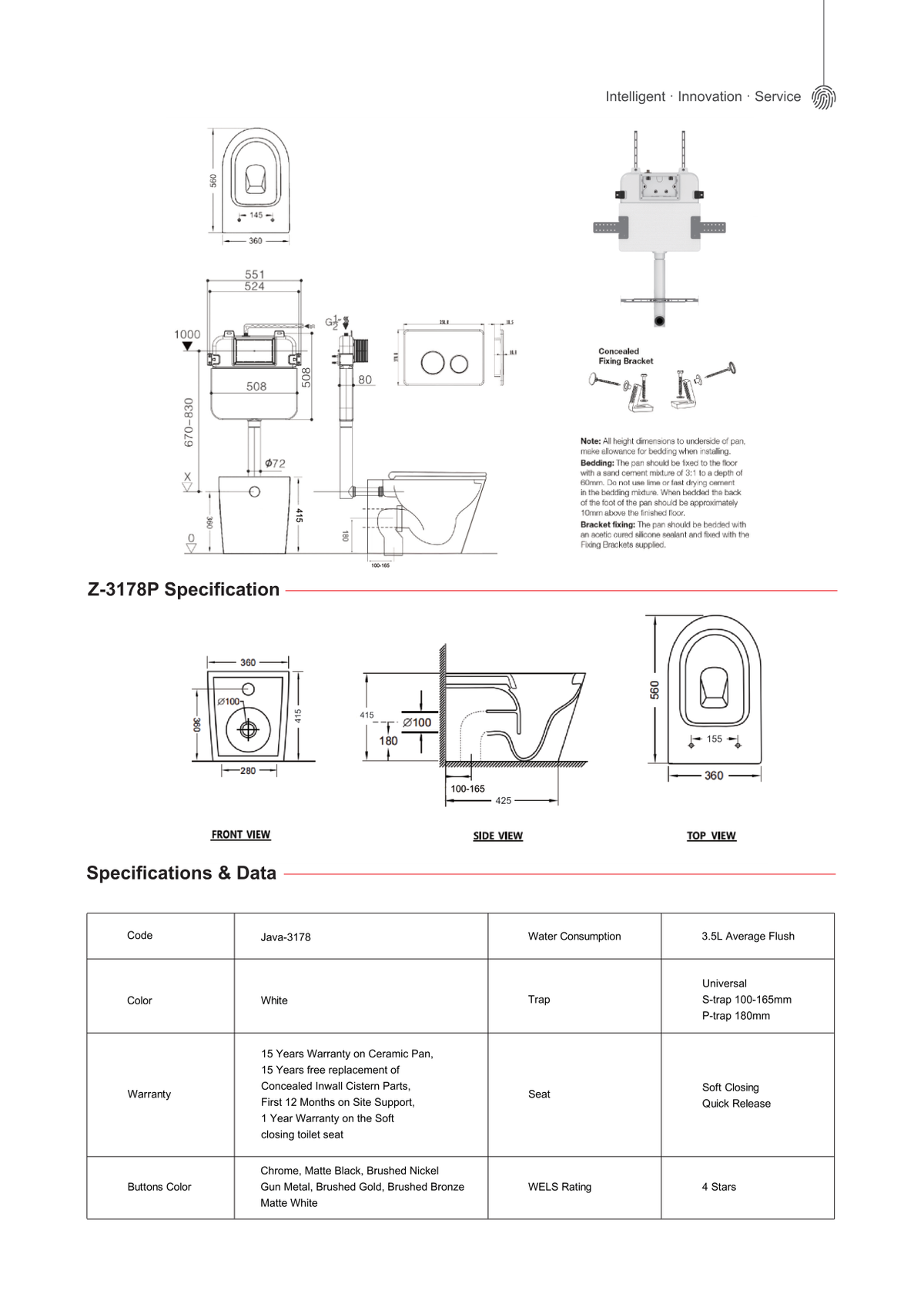 Zumi Java Toilet Suite with R&T Concealed Cistern and Flush Plate Dimensions