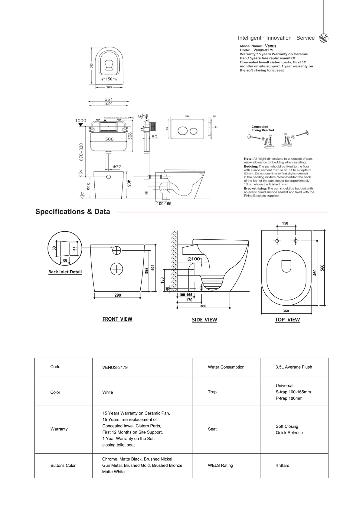 Zumi Venus Toilet Suite with R&T Concealed Cistern and Flush Plate Dimensions