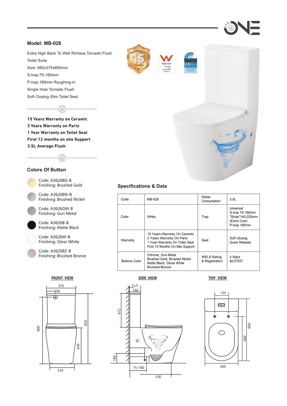 Zumi Zero Extra High Rimless Back-to-Wall Toilet Suite Dimensions